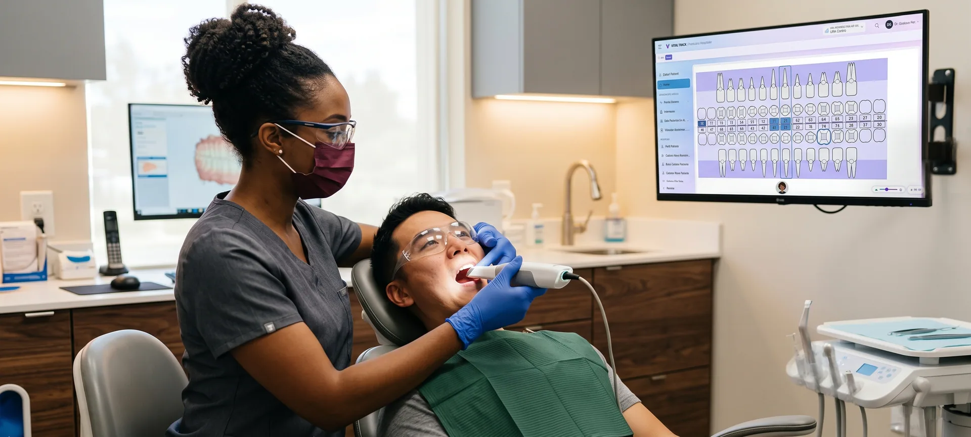 Dentista em atendimento com paciente em consultório odontológico