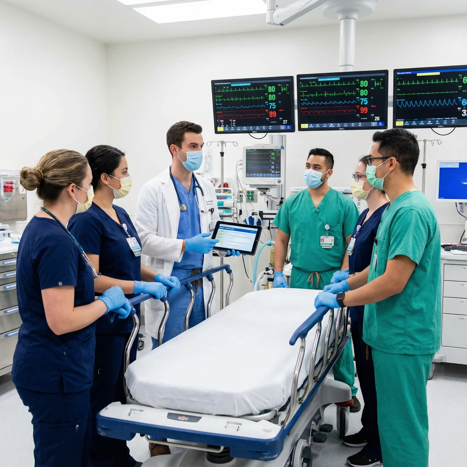 Equipe médica de emergência discutindo um caso com um tablet em mãos