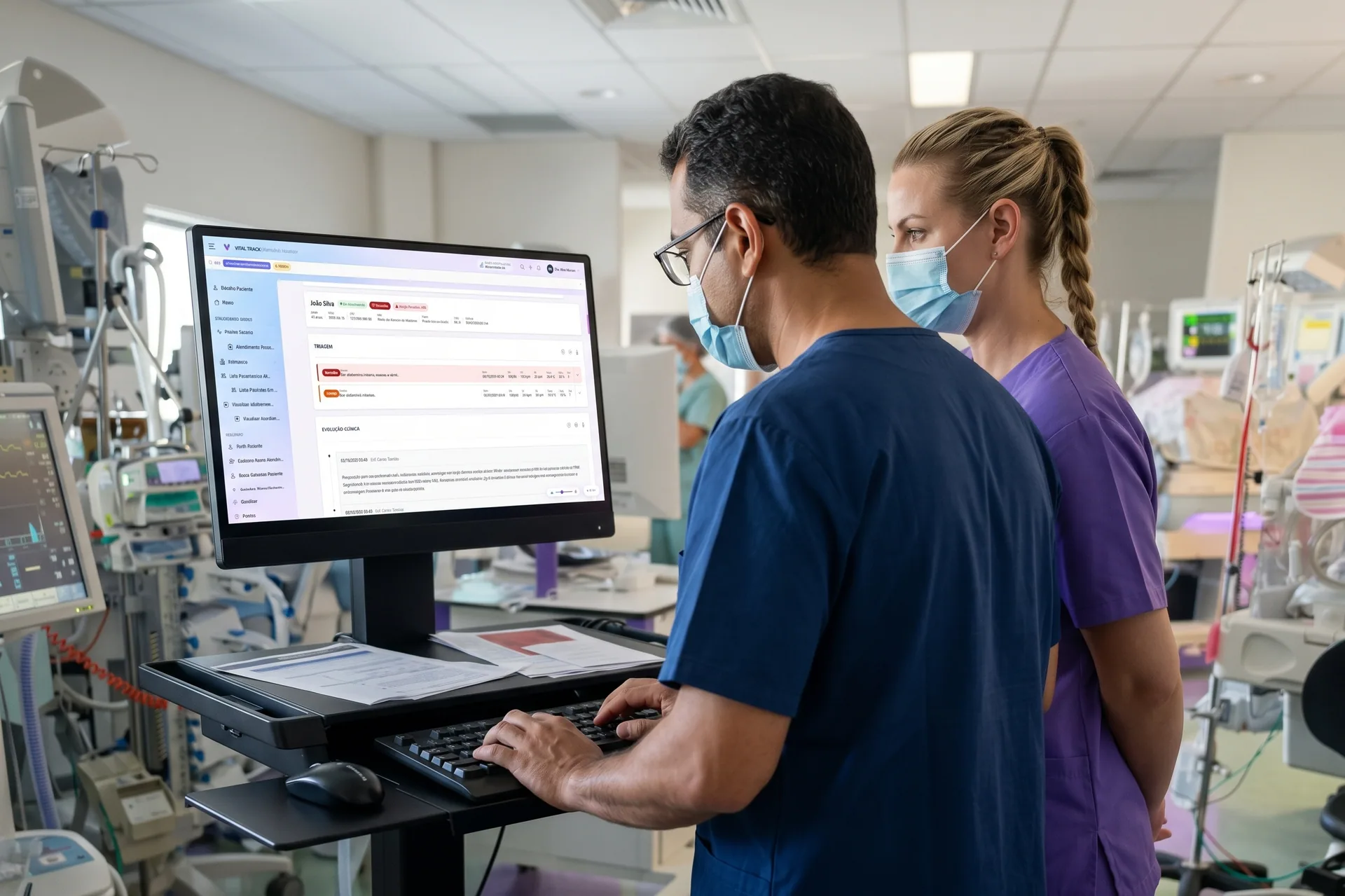 Médica prescrevendo no computador no corredor da enfermagem