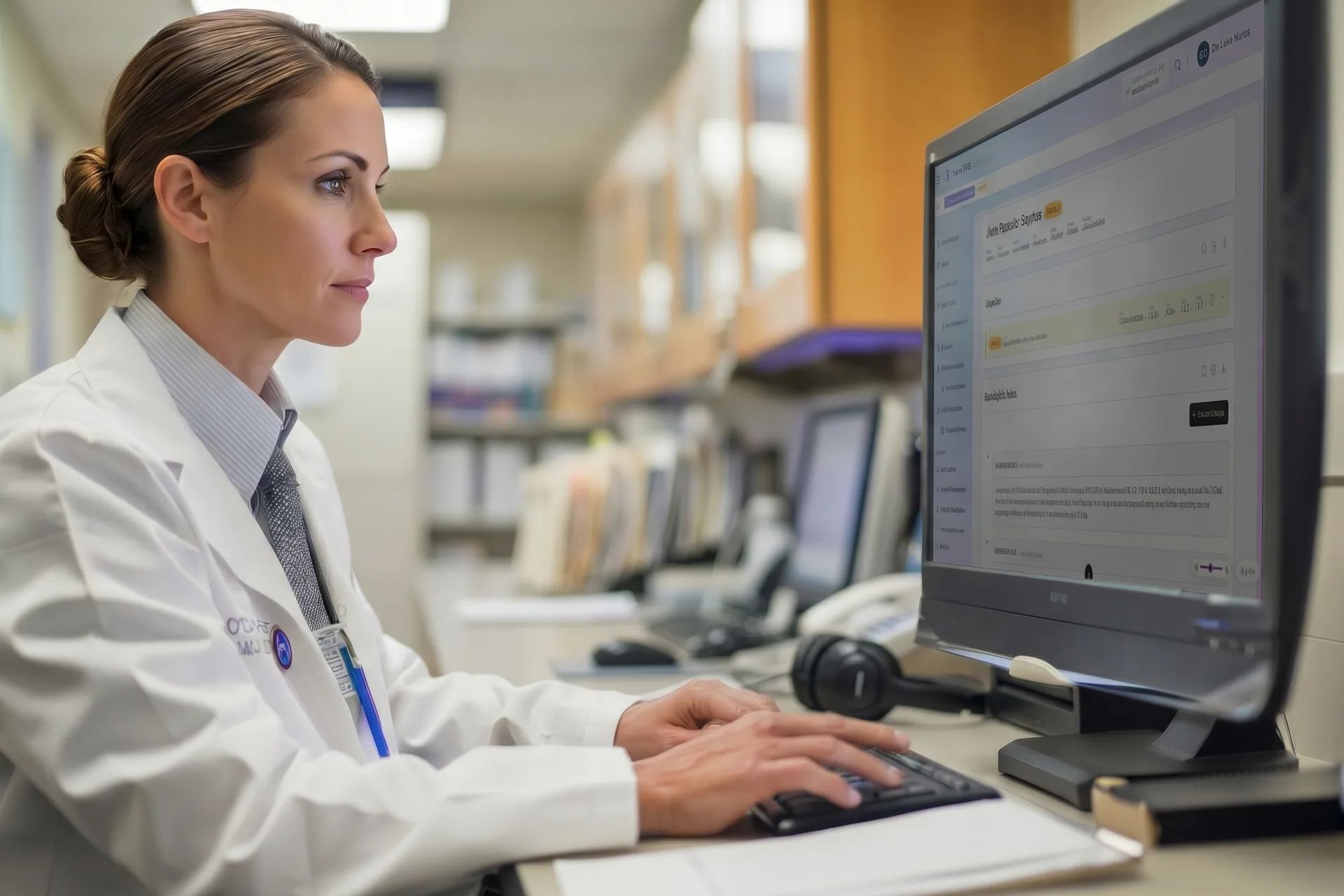 Médica prescrevendo no computador durante a rotina na enfermaria