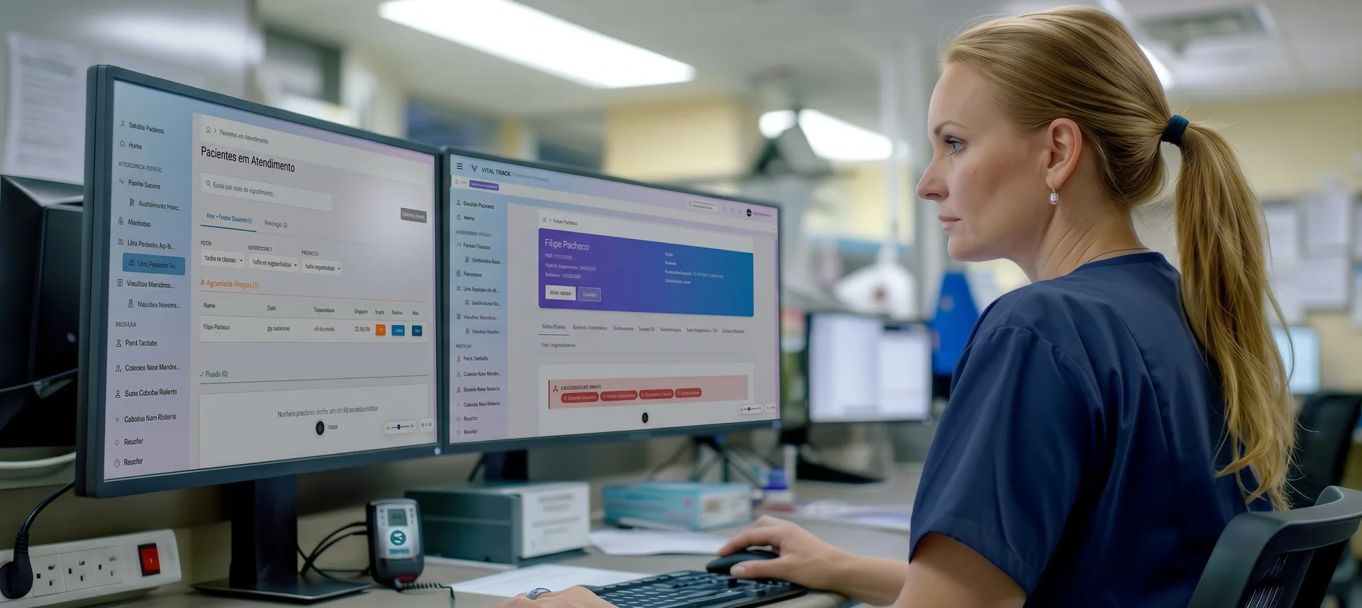 Médica usando computador com três telas, vista de trás