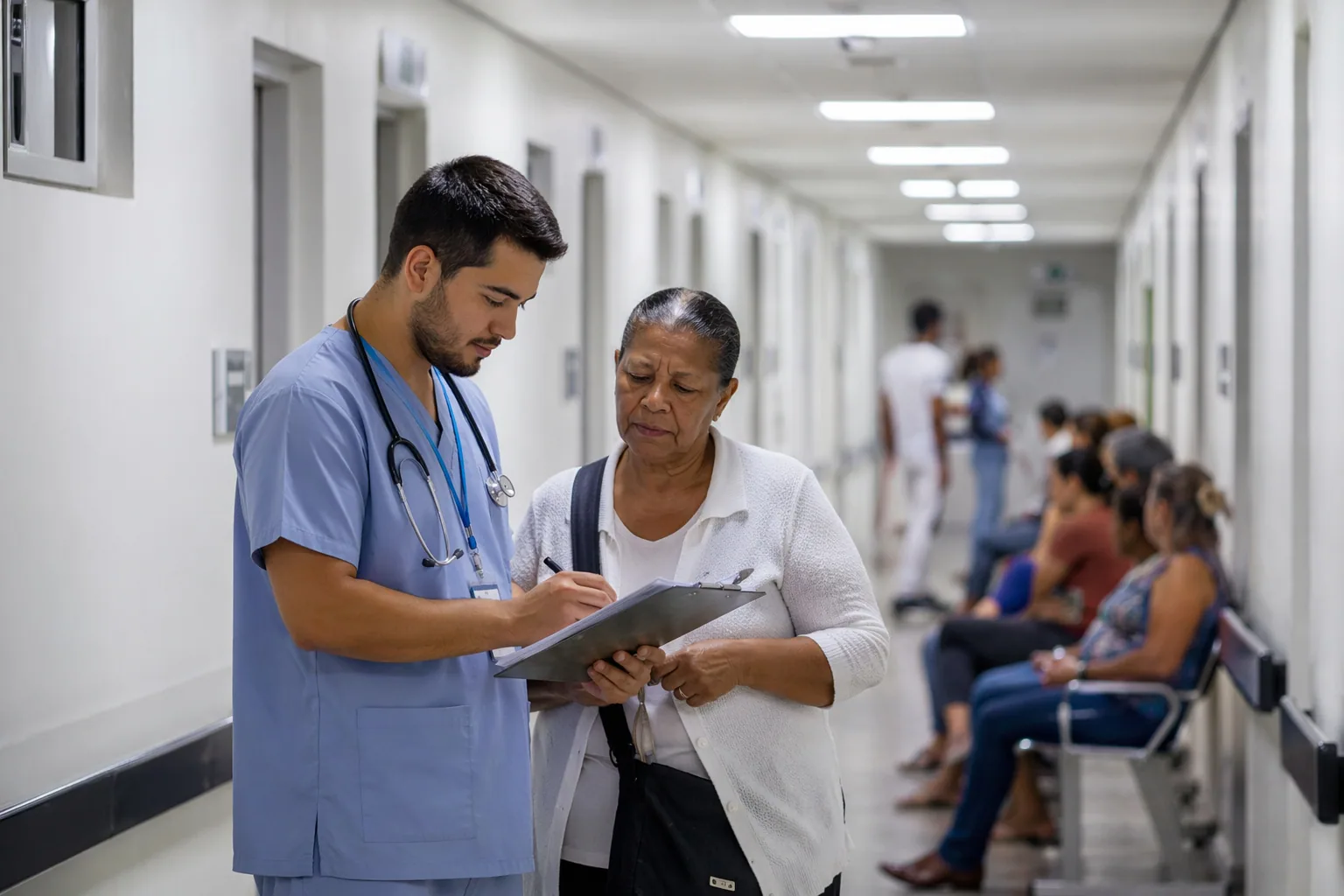 Médico conversando com paciente sobre o prontuário em corredor de UBS do SUS