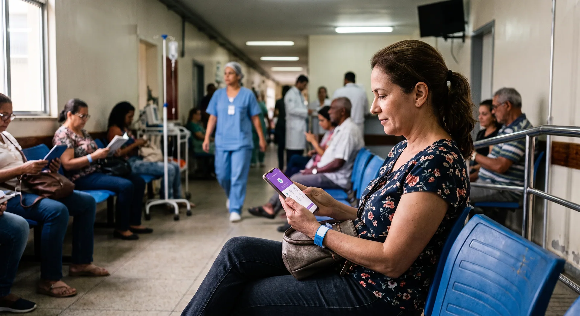 Paciente usando o aplicativo no celular em ambiente hospitalar