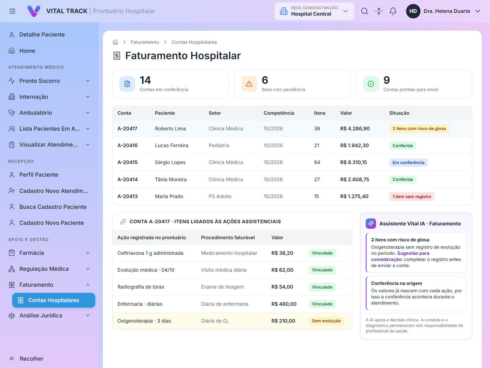 Tela de gestão administrativa e faturamento hospitalar