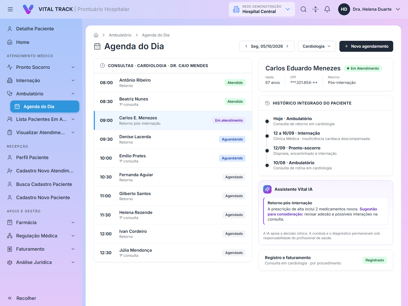 Tela do ambulatório com agenda e prontuário