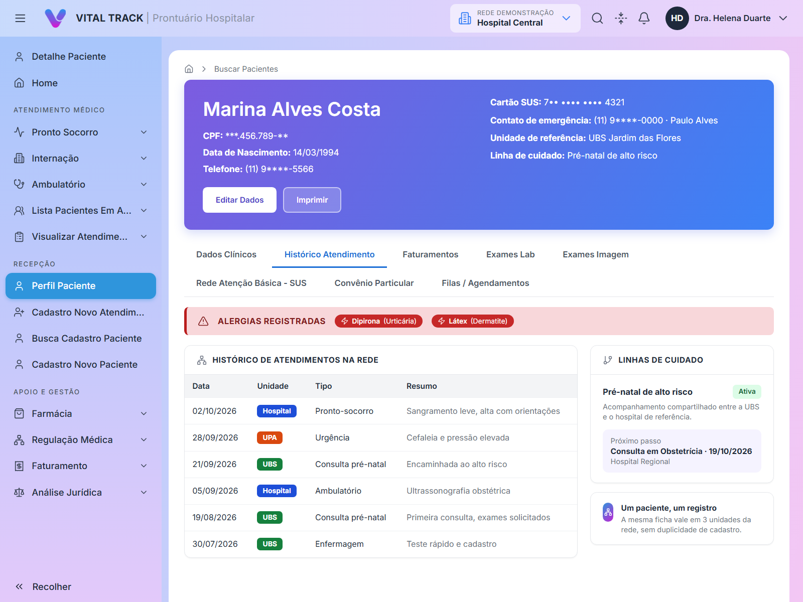 Tela de cadastro de paciente com ficha única integrada à rede