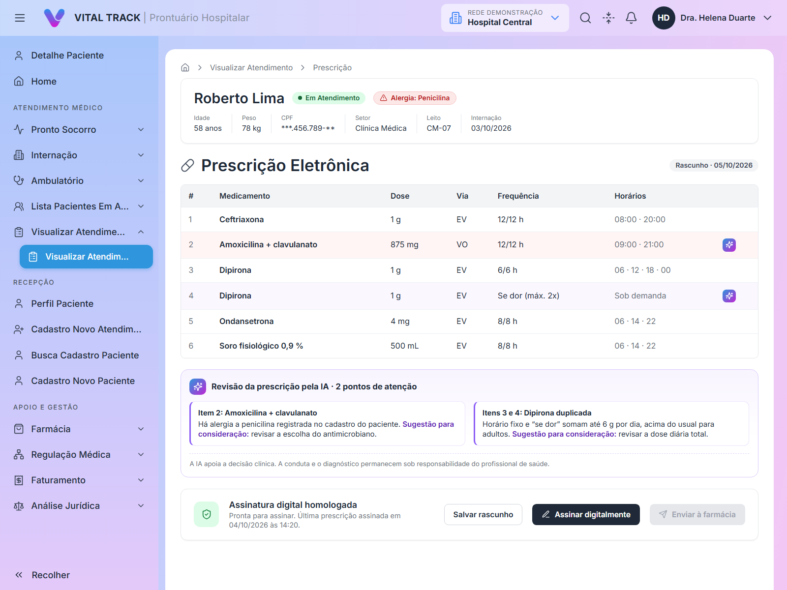 Tela de prescrição eletrônica com assinatura digital