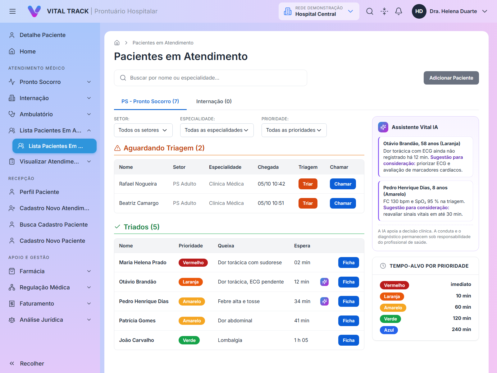 Tela do módulo de pronto-socorro da Vital Track com apoio de inteligência artificial